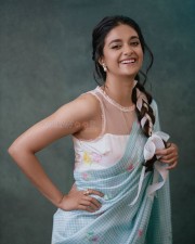 Stylish Keerthy Suresh in a Pastel Blue Floral Saree with Sleeveless Blouse Photos 03