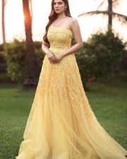 Stylish Malavika Mohanan in a Yellow Long Gown Pictures 02