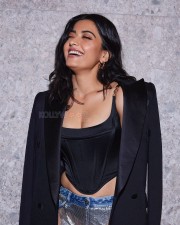 Stylish Rashmika Mandanna in a Black Corset and Blazer with a Rugged Jeans at Versace Milan Show Photos 03