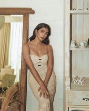 Sultry Pooja Hegde in a Beige Full Length Monochrome Dress Pictures 02