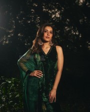 Tollywood Actress Raashii Khanna in a Green Velvet Organza Silk Embroidered Floral V Neck Sharara Set Photos 01