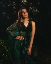 Tollywood Actress Raashii Khanna in a Green Velvet Organza Silk Embroidered Floral V Neck Sharara Set Photos 05