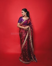 Gorgeous Priyanka Arul Mohan in a Maroon Silk Saree with a Blue Blouse Pictures 03