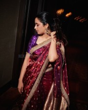 Gorgeous Priyanka Arul Mohan in a Maroon Silk Saree with a Blue Blouse Pictures 06