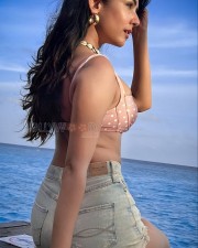 Sexy Sonal Chauhan in a Pink Printed Bra and Mini Denim Shorts Photos 03