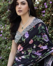 Stunning Ritu Verma in a Black Floral Saree with Matching Blouse and Sparkling Diamond Necklace Photos 04