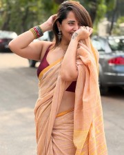 Telugu Actress Anasuya Bharadwaj in a Light Brown Saree with a Dark Brown Sleeveless Blouse Pictures 01