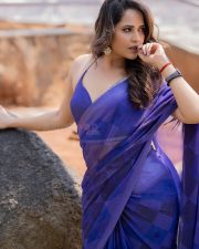 Telugu Actress and Model Anusuya Bharadwaj in a Blue Saree with Sleeveless Blouse Stills 04