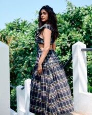 Actress Mrunal Thakur in a Cutout Check Maxi Dress Pictures 01