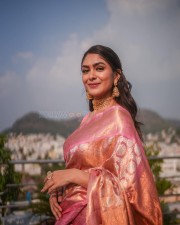 Beautiful Mrunal Thakur in a Pink Soft Banarasi Silk Saree Photos 01