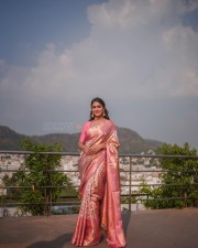 Beautiful Mrunal Thakur in a Pink Soft Banarasi Silk Saree Photos 02