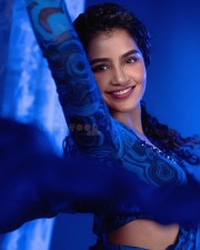 Charming Anupama Parameswaran in a Blue And Black Printed Saree Pictures 06