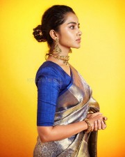 Curly Beauty Anupama Parameswaran in a Blue and Silver Silk Saree with a Blue Blouse Photos 06