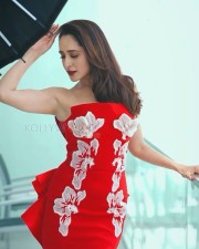 Dazzling Pragya Jaiswal in a Red Strapless Floral Gown Photos 01