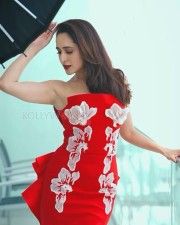 Dazzling Pragya Jaiswal in a Red Strapless Floral Gown Photos 05