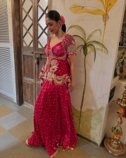 Dream Queen Mrunal Thakur in a Red Anarkali Pictures 01