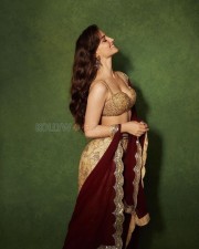 Gorgeous Elli AvrRam in a Gold Blouse with a Matching Gold Midi Skirt and a Maroon Dupatta Photos 07