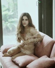 Stylish and Sexy Nabha Natesh in a Transparent Beige Full Sleeve Dress Pictures 01