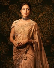 Talented Mrunal Thakur in a Golden Beige Silk Saree Photos 02