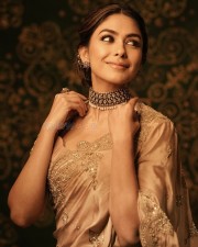 Talented Mrunal Thakur in a Golden Beige Silk Saree Photos 06