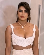 Bold Priyanka Chopra in a Plunging White Crochet Bralette Top with Matching Satin Pants Photos 04