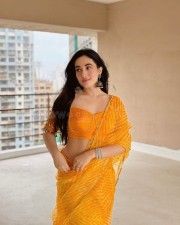 Sexy Aditi Budhathoki in a Transparent Yellow Striped Chiffon Saree Photos 03