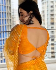 Sexy Aditi Budhathoki in a Transparent Yellow Striped Chiffon Saree Photos 04