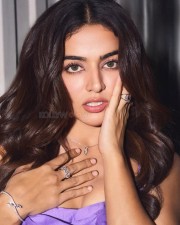 Irresistible Wamiqa Gabbi in a Purple Thigh Slit Ruffle Gown with Spaghetti Straps Photos 02