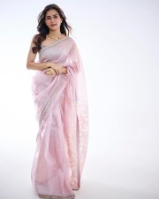 Beautiful and Cute Ashika Ranganath in a Pink Transparent Saree Photos 12