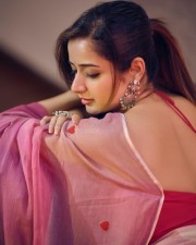 Elegant Ashika Ranganath in a Pink Saree with Red Heart Motifs Photoshoot Pictures 01