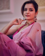 Elegant Ashika Ranganath in a Pink Saree with Red Heart Motifs Photoshoot Pictures 02