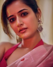 Elegant Ashika Ranganath in a Pink Saree with Red Heart Motifs Photoshoot Pictures 08