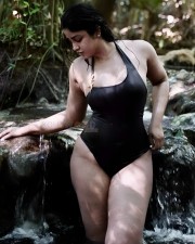 Sensuous Dimple Hayati in a Black One Piece Swimsuit Bikini Photos 01