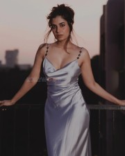Fashionable Shreya Dhanwanthary in a Silver Satin Gown Dress Photos 05