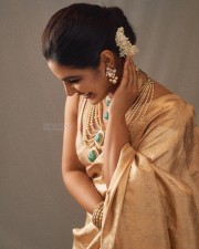 Majestic Samyuktha Menon in a Golden Saree with Matching Blouse and Pearl and Emerald Jewellery Pictures 03