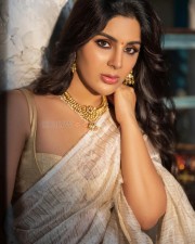 Malabar Beauty Samyuktha Menon in a Cream Saree Photoshoot Pictures 02