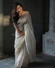 Malabar Beauty Samyuktha Menon in a Cream Saree Photoshoot Pictures 08