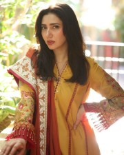 Gorgeous Mahira Khan in a Yellow Mustard Embroidered Salwar Suit Pictures 02