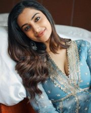 Divine Beauty Meenakshi Chaudhary in a Blue and Golden Zari Anarkali Suit Photos 02