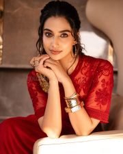 Drop Dead Gorgeous Meenakshi Chaudhary in a Red Designer Dress Photos 03