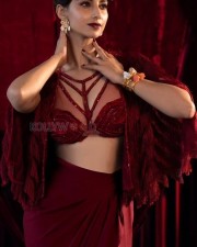 Sexy Meenakshi Chaudhary in a Ruby Red Embroidered Kurta with Tulle Drape paired with Sharara Photos 01