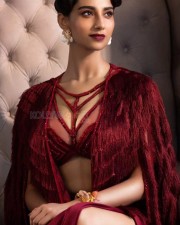 Sexy Meenakshi Chaudhary in a Ruby Red Embroidered Kurta with Tulle Drape paired with Sharara Photos 02