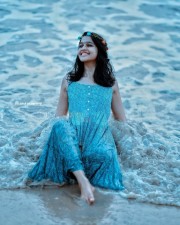 Cute Actress Ananthika Sanilkumar in a Blue Sleeveless Maxi Dress Pictures 03