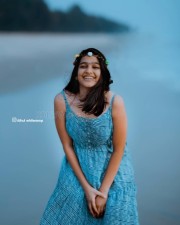 Cute Actress Ananthika Sanilkumar in a Blue Sleeveless Maxi Dress Pictures 04