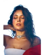 Sexy Shehnaaz Gill in a White Off Shoulder Dress with a Red Cape Pictures 02