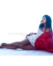 Sexy Shehnaaz Gill in a White Off Shoulder Dress with a Red Cape Pictures 08