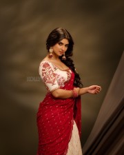 Attractive Pragya Nagra in a Red Printed Half Saree with a Designer Blouse Picture 01