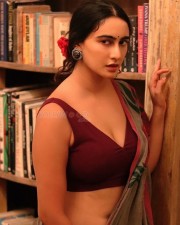 Glam Megha Shukla in a Sleeveless Maroon Blouse and Cotton Saree Photos 03